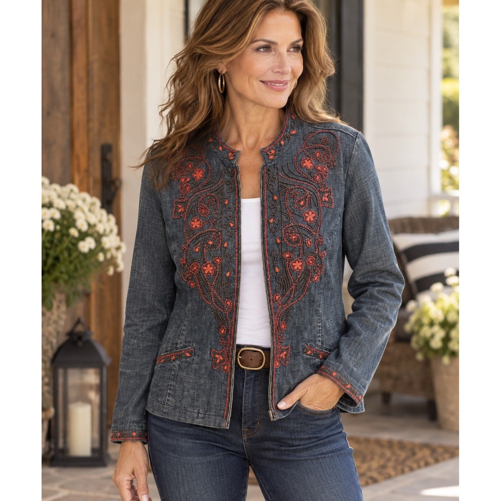 Chico's Beaded Denim Jacket Size 3 XL Embroidered Paisley Boho Blue‎ Coral